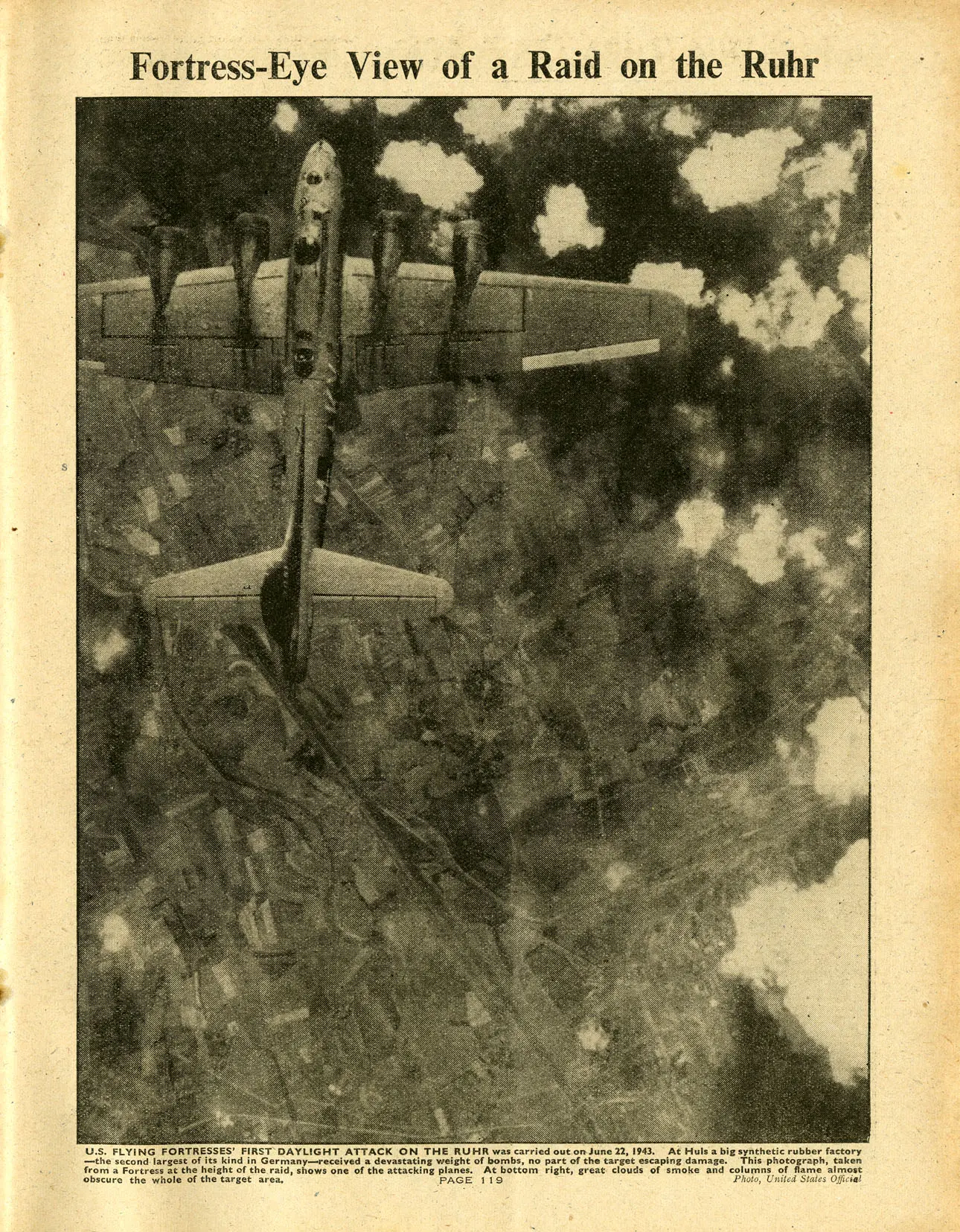 A page of The War Illustrated showing a four engine bomber flying above the clouds.